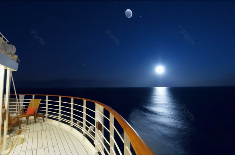 船甲板上的夜晚与月亮船舷板护栏海洋海面海平面无人场景灯光光线月光,高清,摄影图,摄影图片,图片大全,摄影图免费下载